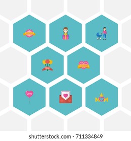 Happy Mother's Day Flat Icon Layout Design With Sticker, Decoration And Design Symbols. Lovely Mom Beautiful Feminine Design For Social, Web And Print.