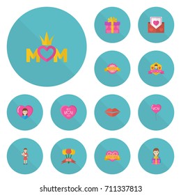 Happy Mother's Day Flat Icon Layout Design With Mam, Kiss And Present Symbols. Lovely Mom Beautiful Feminine Design For Social, Web And Print.
