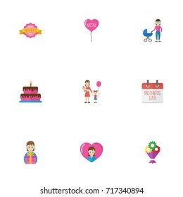 Happy Mother's Day Flat Icon Layout Design With Heart, Design And Flower Symbols. Lovely Mom Beautiful Feminine Design For Social, Web And Print.