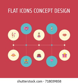Happy Mother's Day Flat Icon Layout Design With Pastry, Design And Gift To Mom Symbols. Lovely Mom Beautiful Feminine Design For Social, Web And Print.