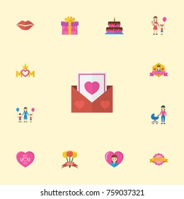 Happy Mother's Day Flat Icon Layout Design With Heart, Children And Emotion Symbols. Lovely Mom Beautiful Feminine Design For Social, Web And Print.