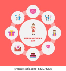 Happy Mother's Day Flat Layout Design With Gift To Mom, Children And Envelope Symbols. Lovely Mom Beautiful Feminine Design For Social, Web And Print.