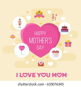 Happy Mother's Day Flat Layout Design With Present, Special Day And Best Mother Ever Symbols. Lovely Mom Beautiful Feminine Design For Social, Web And Print.