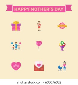 Happy Mother's Day Flat Layout Design With Present, Children And Flower Symbols. Lovely Mom Beautiful Feminine Design For Social, Web And Print.
