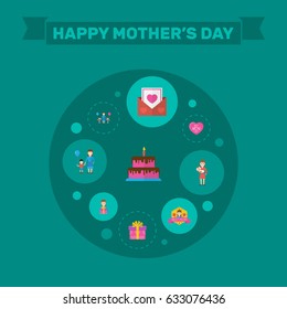 Happy Mother's Day Flat Layout Design With Pastry, Gift To Mom And Son Symbols. Lovely Mom Beautiful Feminine Design For Social, Web And Print.