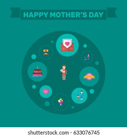 Happy Mother's Day Flat Layout Design With Stroller, Mam And Tulips Symbols. Lovely Mom Beautiful Feminine Design For Social, Web And Print.