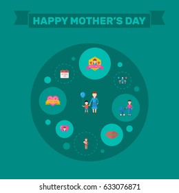 Happy Mother's Day Flat Layout Design With Special Day, Heart And Sticker Symbols. Lovely Mom Beautiful Feminine Design For Social, Web And Print.