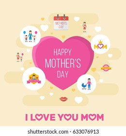 Happy Mother's Day Flat Layout Design With Queen, Design And Kiss Symbols. Lovely Mom Beautiful Feminine Design For Social, Web And Print.