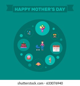 Happy Mother's Day Flat Layout Design With Special Day, Flower And Mam Symbols. Lovely Mom Beautiful Feminine Design For Social, Web And Print.