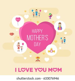 Happy Mother's Day Flat Layout Design With Son, Decoration And Children Symbols. Lovely Mom Beautiful Feminine Design For Social, Web And Print.