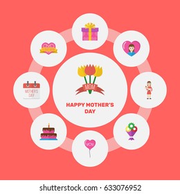 Happy Mother's Day Flat Layout Design With Heart, Mam And Decoration Symbols. Lovely Mom Beautiful Feminine Design For Social, Web And Print.