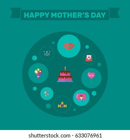 Happy Mother's Day Flat Layout Design With Children, Woman And Envelope Symbols. Lovely Mom Beautiful Feminine Design For Social, Web And Print.