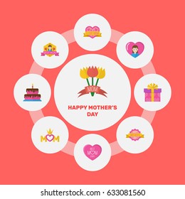 Happy Mother's Day Flat Layout Design With Heart, Sticker And Emotion Symbols. Lovely Mom Beautiful Feminine Design For Social, Web And Print.