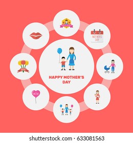 Happy Mother's Day Flat Layout Design With Best Mother Ever, Son And Kiss Symbols. Lovely Mom Beautiful Feminine Design For Social, Web And Print.