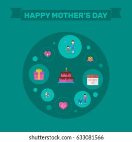 Happy Mother's Day Flat Layout Design With Present, Pastry And Emotion Symbols. Lovely Mom Beautiful Feminine Design For Social, Web And Print.