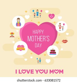 Happy Mother's Day Flat Layout Design With Son, Emotion And Children Symbols. Lovely Mom Beautiful Feminine Design For Social, Web And Print.