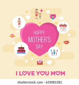 Happy Mother's Day Flat Layout Design With Children, Mam And Special Day Symbols. Lovely Mom Beautiful Feminine Design For Social, Web And Print.
