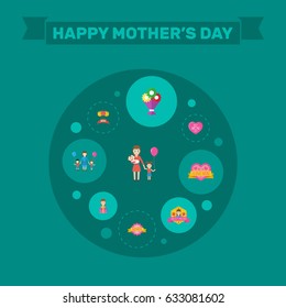 Happy Mother's Day Flat Layout Design With Design, Woman And Emotion Symbols. Lovely Mom Beautiful Feminine Design For Social, Web And Print.