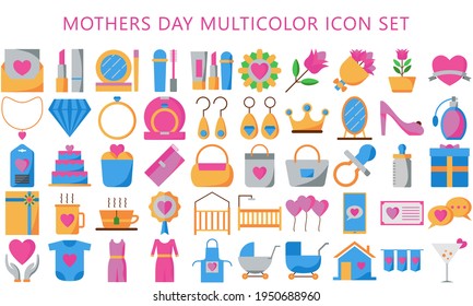 happy mothers day flat multicolor icon set design, love, relationship, decoration, celebration, greeting and invitation theme, Vector illustration eps 10 ready convert to SVG.