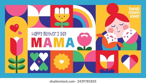 Happy Mother's Day flat vector illustration in geometry style. Mom with child, flowers and abstract geometric shapes.