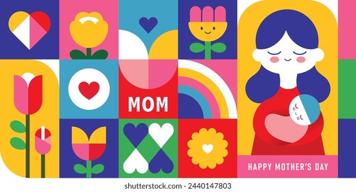 Happy Mother's Day flat vector illustration in geometry style. Mom with child, flowers and abstract geometric shapes.