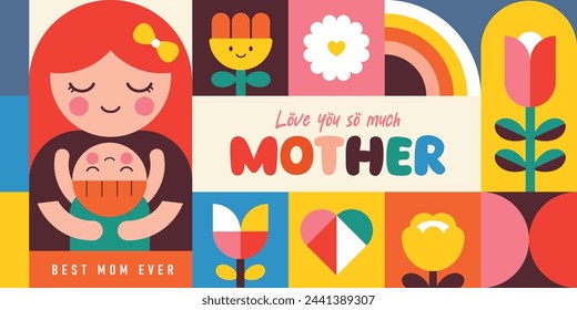 Happy Mother's Day flat vector illustration in geometry style. Mom with child, flowers and abstract geometric shapes.