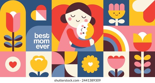 Happy Mother's Day flat vector illustration in geometry style. Mom with child, flowers and abstract geometric shapes.