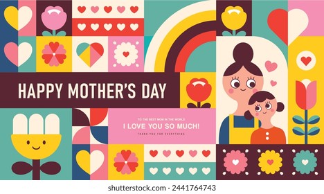 Happy Mother's Day flat vector illustration in geometry style. Mom with child, flowers and abstract geometric shapes.