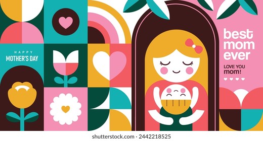 Happy Mother's Day flat vector illustration in geometry style. Mom with child, flowers and abstract geometric shapes.