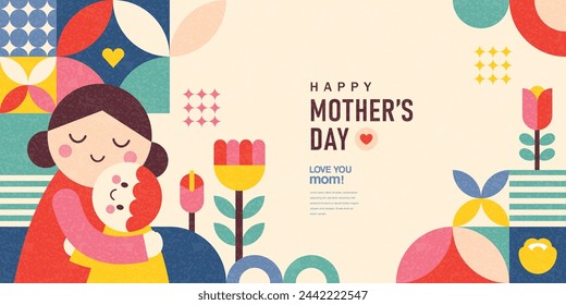 Feliz Día de la Madre ilustración vectorial plana en estilo de geometría. Mamá con niño, flores y formas geométricas abstractas.