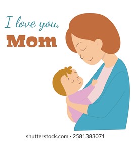 Happy Mother's Day flat vector illustration. Mom with a baby, a child in her arms. A sweet and loving mother adores her child