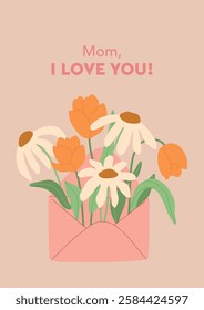 Happy Mother's Day flat vector illustration in modern simple style. Hand drawn tulips and camomile flowers. Premade greeting card template