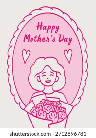Ilustración vectorial plana feliz del día de madre en estilo dibujado a mano. Mamá con ramo de flores