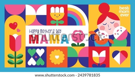 Happy Mother's Day flat vector illustration in geometry style. Mom with child, flowers and abstract geometric shapes.