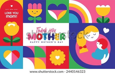 Happy Mother's Day flat vector illustration in geometry style. Mom with child, flowers and abstract geometric shapes.
