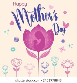 Happy Mothers Day, Mother's Day, Floral Background with Butter fly, flowers and silhouette of Mother and Child Baby showing care with caring hands in abstract way. Abstract Vector EPS.