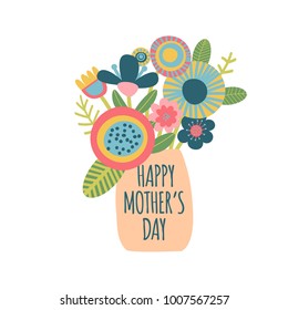 Happy mothers day floral bouquet with pink, purple and violet flowers. Holiday background for a greeting card. Vector illustration. 