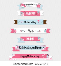 Happy Mother's Day, Floral bouquets with ribbon and heart, vector illustration.