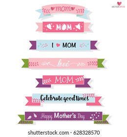 Happy Mother's Day, Floral bouquets with ribbon and heart, vector illustration.