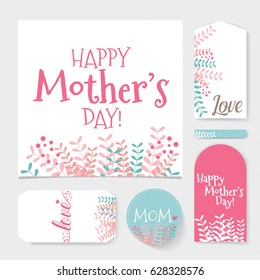 Happy Mother's Day, Floral bouquets with ribbon and heart, vector illustration.