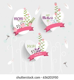 Happy Mother's Day, Floral bouquets with ribbon, vector illustration.