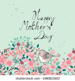 happy mother`s day floral card with cute bird
