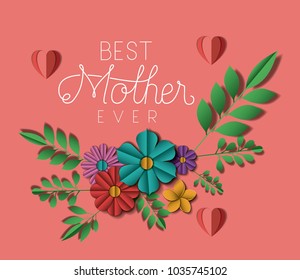 happy mothers day with floral decoration and hearts card