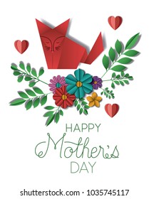 happy mothers day with floral decoration and origami cat card