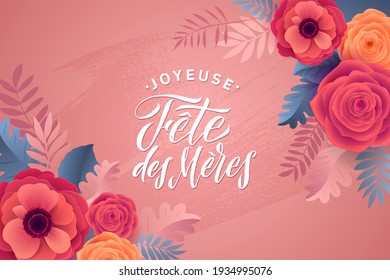 Happy Mother's Day Floral Greeting Card. French language. Anemone Flowers and Roses. Vector Illustration.