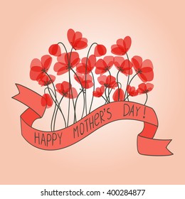 Happy Mother's Day floral greeting card. Delicate red poppies. Vector illustration. 