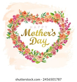 Happy Mother's Day floral greetings. Creative branch of roses, heart wreath decoration with 3D flowers and leaves. Glittering golden elements and brushing strokes. Watercolor backdrop. Greeting card.