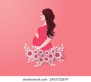 Happy Mother's Day Floral Pregnant Mom Illustration in Paper Style	