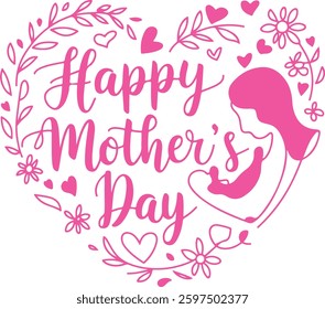 happy mother's day floral wreath, pink mother's day typography design, mother's day greeting card illustration