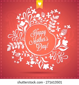 Happy Mother's Day Floral Wreath Blurred Background. Happy Mothers Day Typographical Background With Spring Flowers